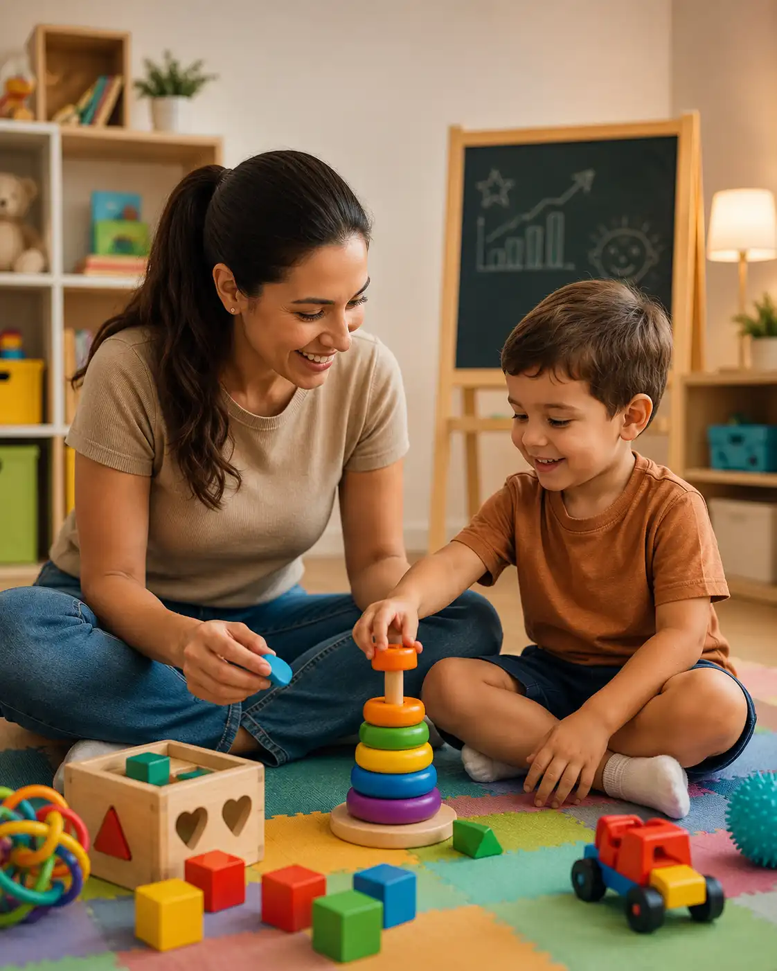 Terapeuta e criança aprendendo brincando